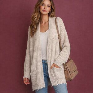 Vintage Havana Chenille Open-Front Cardigan Cream Distressed Oversized M/L/XL